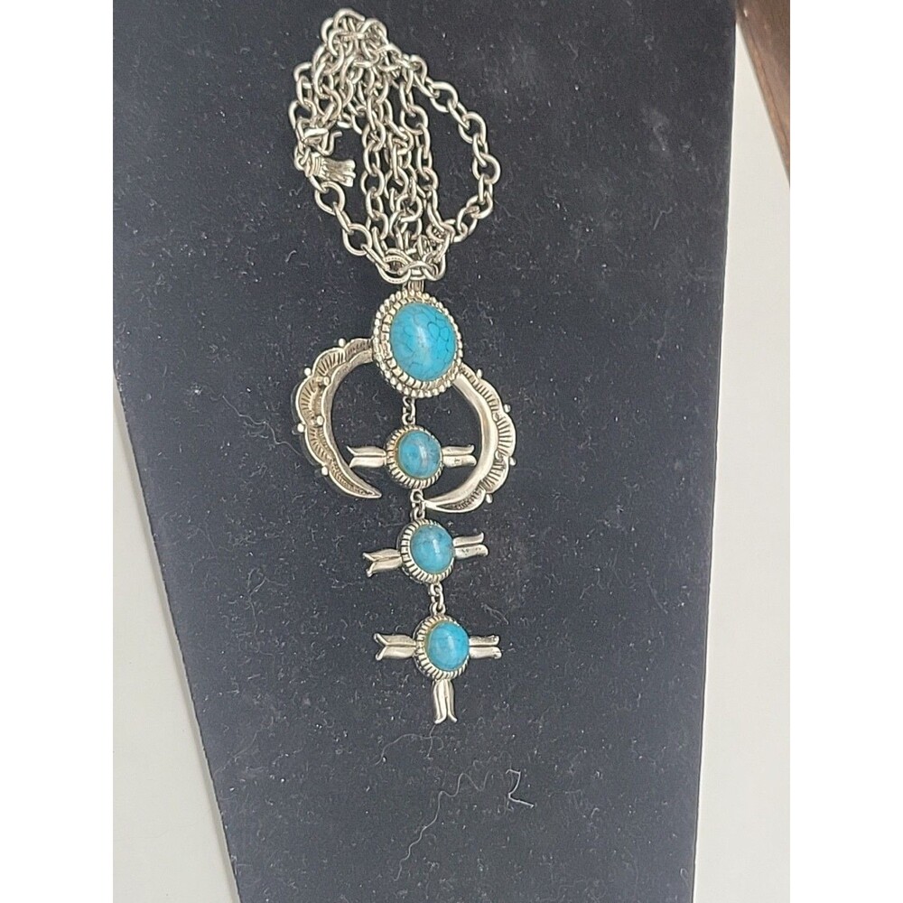 Stunning Vintage Huge Squash Blossom Silvertone Faux Turquoise Cabochon Necklace - Picture 6 of 9